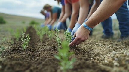 Volunteers participating in reforestation efforts by carefully planting new saplings for a