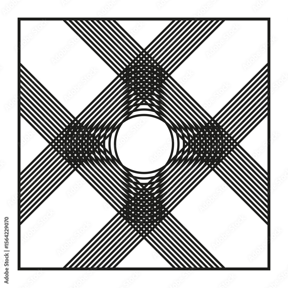 Poster framed cross icon. centered ring pattern. bold plus vector. interlaced stripe square.
