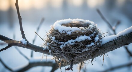 A bird's empty nest, covered in snow, perched on a branch in a winter landscape.