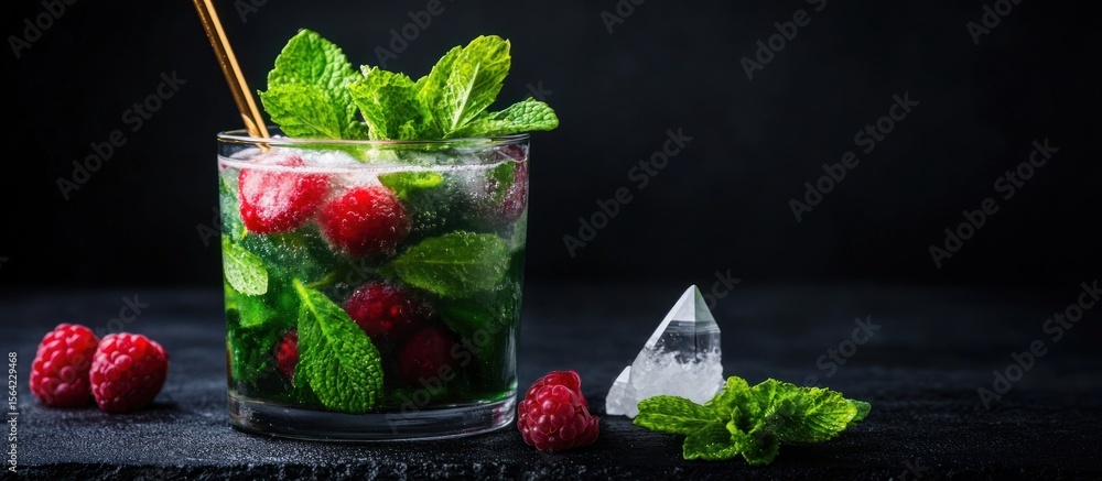 Poster a refreshing raspberry and mint cocktail with a golden straw against a dark background setting scene