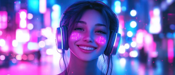 Woman in neon city at night