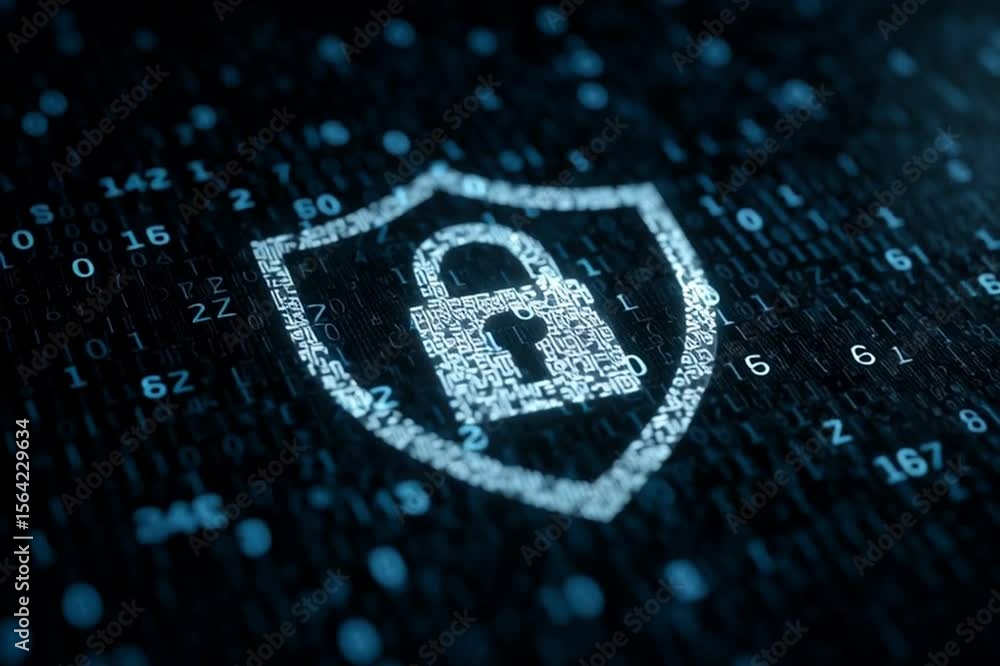 Poster a shield with an open lock icon in the center, surrounded by binary code the background is dark blue
