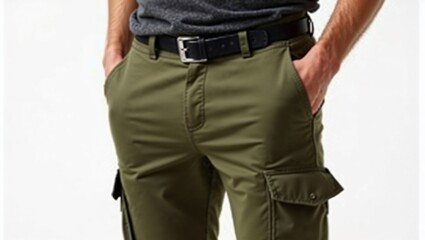 Close-up of green cargo pants with black belt styled in a casual outfit.