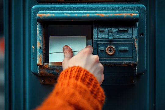 Hand in orange knitted sleeve placing or retrieving white envelopes from a rusty blue mailbox slot in close-up