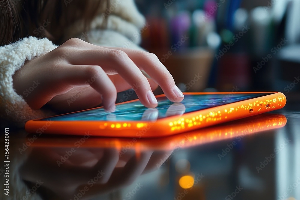 Poster child's hand interacting with a bright orange tablet screen displaying colorful digital content with
