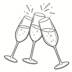 Three champagne flutes clinking together with bubbles glasses celebration