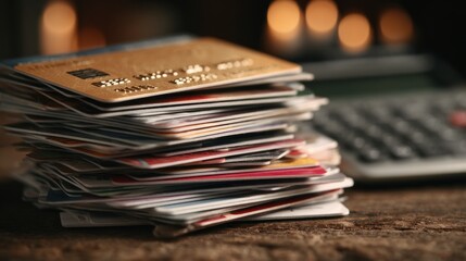A Stack of Credit Cards Near a Calculator