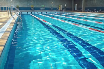 Obraz premium Empty indoor swimming pool with multiple lanes separated by floating lane dividers under bright natural light