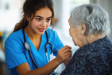 young female healthcare professional attentively interacting with elderly woman in cozy indoor setting showing care and compassion