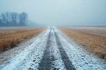 Snow-covered road cutting through a snowy field.
