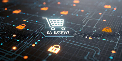 Ai agent with shopping cart and security locks on digital network background