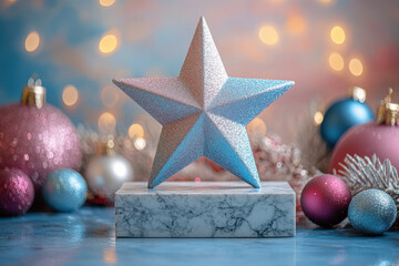 Star ornament on marble block with Christmas ornaments in background.