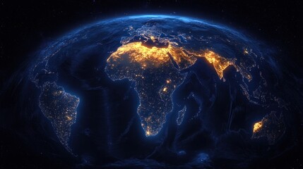 Glowing nighttime satellite view of Earth focusing on illuminated urban areas across Africa, parts of Europe, the Middle East, and Asia, with a dark space background
