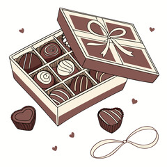 Assorted chocolate confections in open box with ribbon and hearts chocolate box assorted chocolates