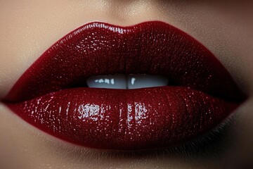 Obraz premium Close-up of glossy dark red glittery lips slightly parted showing white teeth conveying sensual and glamorous emotion