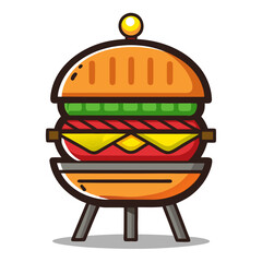 Burger on grill illustration with yellow bun and green lettuce food cooking