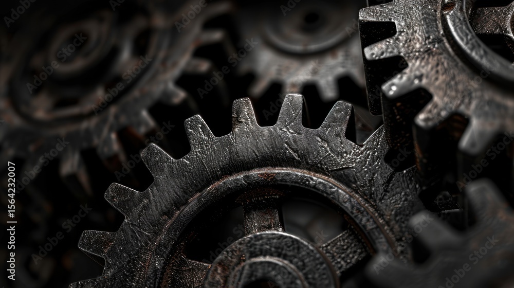 Poster rusty gears of various sizes interlocking and rotating smoothly, showcasing intricate mechanical des