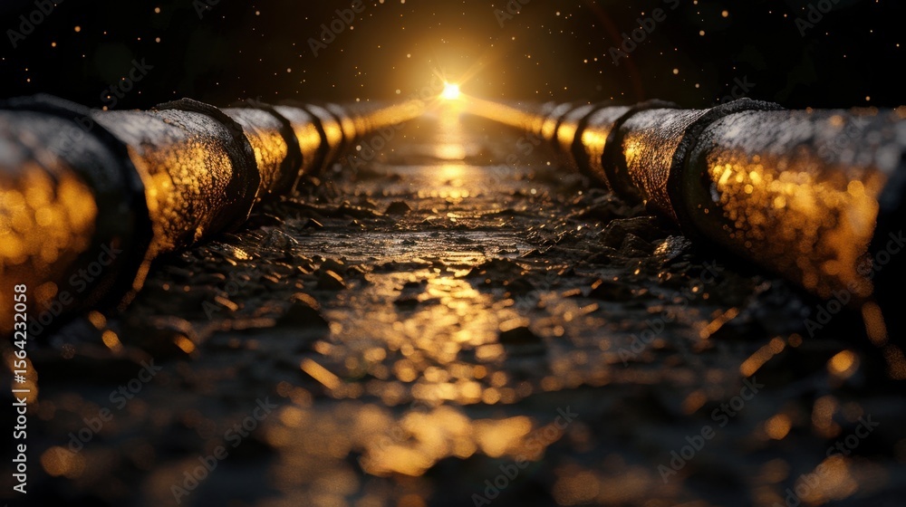 Aufkleber glowing light shines through dark pathway lined with metallic pipes, creating captivating and myster