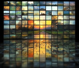 A large digital mosaic screen composed of multiple smaller images depicting various nature scenes, trees, skies, water, and a central sunset reflecting on a path, evoking calm and peaceful emotions