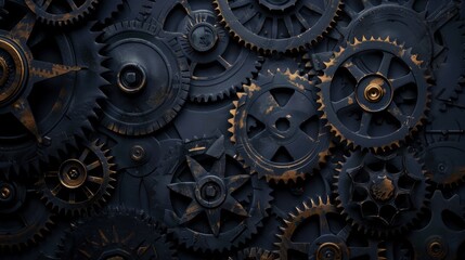Abstract gears of various sizes rotating smoothly create captivating mechanical backdrop, showcasing intricate designs and textures