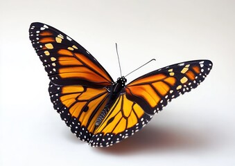 Naklejka premium close-up view of a vibrant orange and black butterfly with outstretched wings on a white background conveying delicate beauty and tranquility