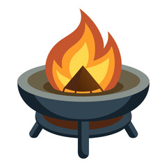 Dark blue fire pit with bright orange and yellow flames bonfire burning wood