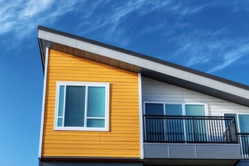 Modern residential building with yellow and white siding under a bright blue sky with wispy clouds, featuring large windows and a black metal balcony