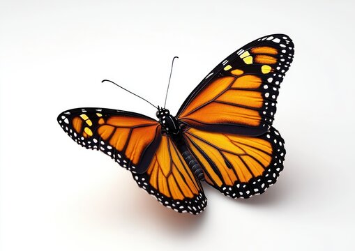 close-up of a vibrant orange and black butterfly with white spots resting on a white surface, displaying delicate wings fully spread