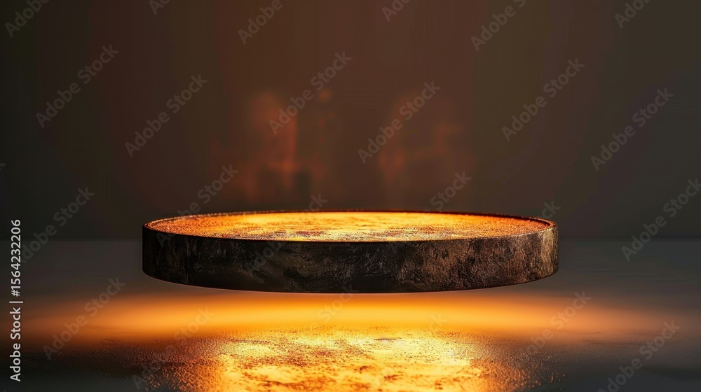 Poster glowing circular platform emits warm light, creating ethereal atmosphere. surface appears metallic a