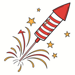 Obraz premium Red and white striped rocket with orange and red sparks and stars firework celebration