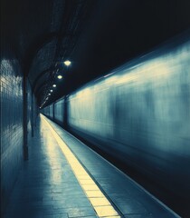 Blurred motion of a fast-moving train passing through a dimly lit underground platform with arched brick walls and ceiling lights