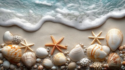 Seashells and starfish on sandy beach near ocean waves