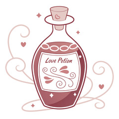 Pink love potion bottle with swirls and hearts glass liquid