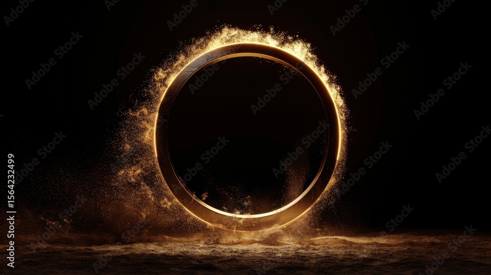 Poster glowing abstract circle surrounded by swirling energy and dust creates captivating visual effect