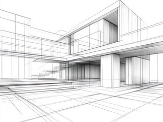 Detailed monochrome architectural wireframe of a modern multi-level structure with open spaces, stairs, and large windows conveying a sense of spaciousness and clarity