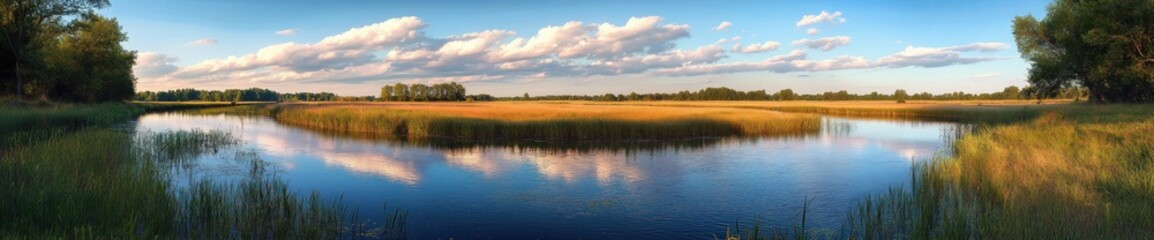 Fototapeta premium Calm river flowing through golden grassy marshlands with scattered trees under a blue sky with soft white clouds at sunset
