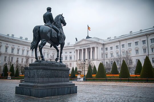 equestrian statue in a cobblestone courtyard with trimmed cone-shaped bushes and a large neoclassical building with columns and a flag in the background under a cloudy sky - Powered by Adobe