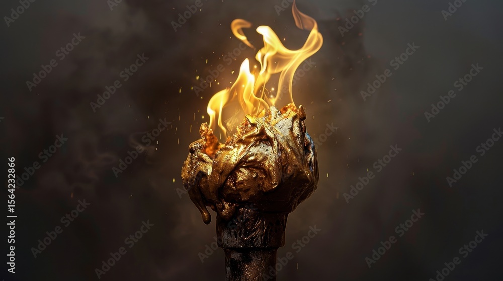 Poster glowing golden flame emerges from abstract torch, creating captivating chaos of light and energy