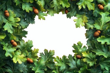 Frame of lush green oak leaves and brown acorns surrounding a blank white space in the center creating a natural border with fresh and vibrant tones