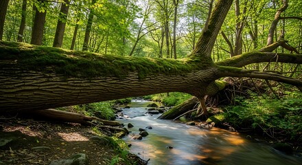 Fallen mossy tree trunk arches over a tranquil forest stream.