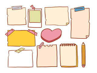 Hand Drawn Paper Note And Stationery. A fun set of note papers, taped sheets, polaroid frame, heart pad, spiral notebook and pencil in hand drawn style for creative layouts, journaling, and decoration