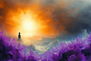 silhouette of a person standing near vibrant purple flowers facing a glowing orange sunset over a turbulent ocean with dramatic cloudy sky