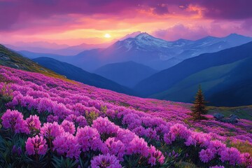 Fototapeta premium Vibrant pink flower field covering rolling hills with a lone evergreen tree, majestic snow-capped mountains under a colorful sunset sky emitting a calm and awe-inspiring atmosphere