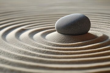 Smooth gray stone placed on fine sand with concentric circular ripples radiating outward, evoking calmness and balance in a minimalist zen garden setting