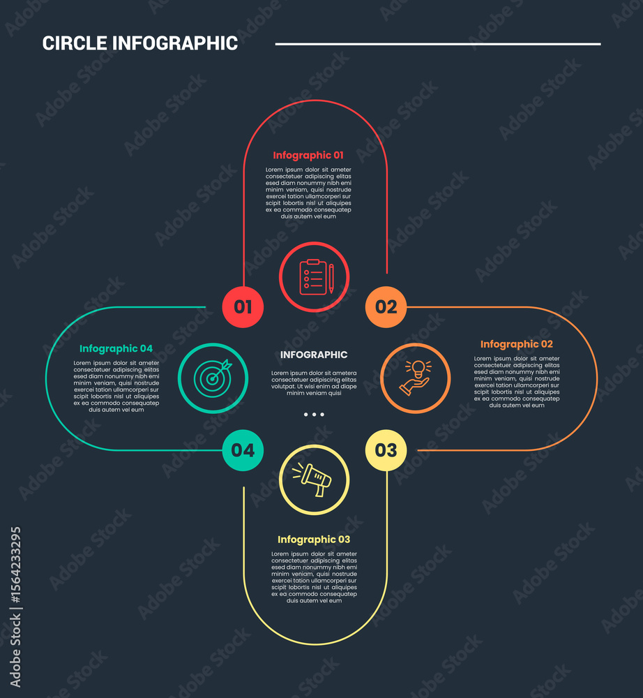 Poster circle shape infographic process diagram with round rectangle with small circle connector with dark 