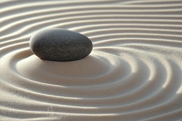Smooth black stone placed on fine sand creating concentric ripples symbolizing calmness and balance in a peaceful zen garden setting
