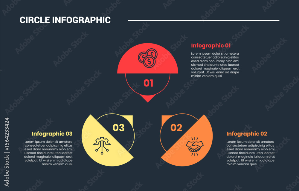 Poster circle shape infographic process diagram with creative half circle with arrow pointer on center dire