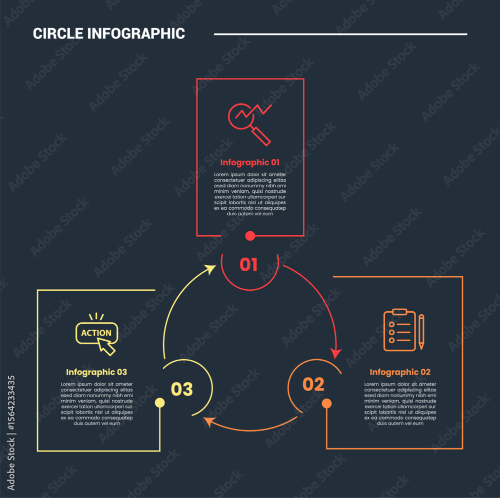 Poster circle shape infographic process diagram with vertical rectangle box with circular circle on center 