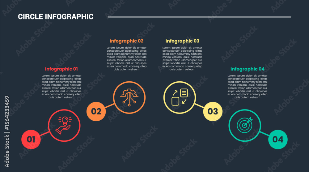 Poster circle shape infographic process diagram with circle combination bending structure center with dark 