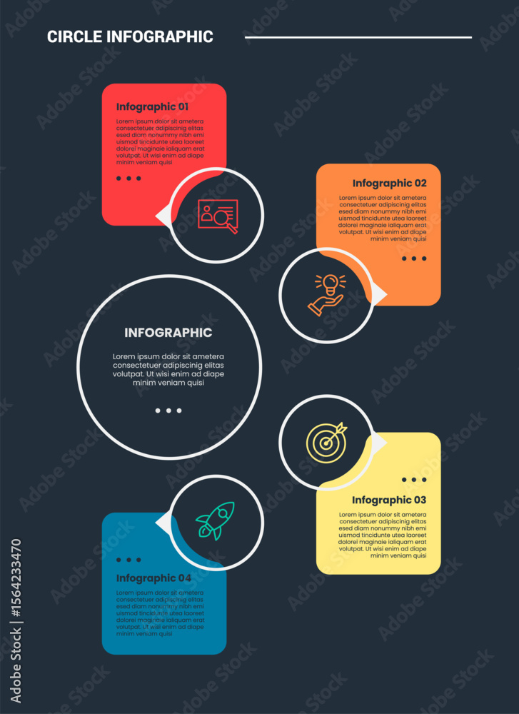 Poster circle shape infographic process diagram with round rectangle box with outline circle combination on
